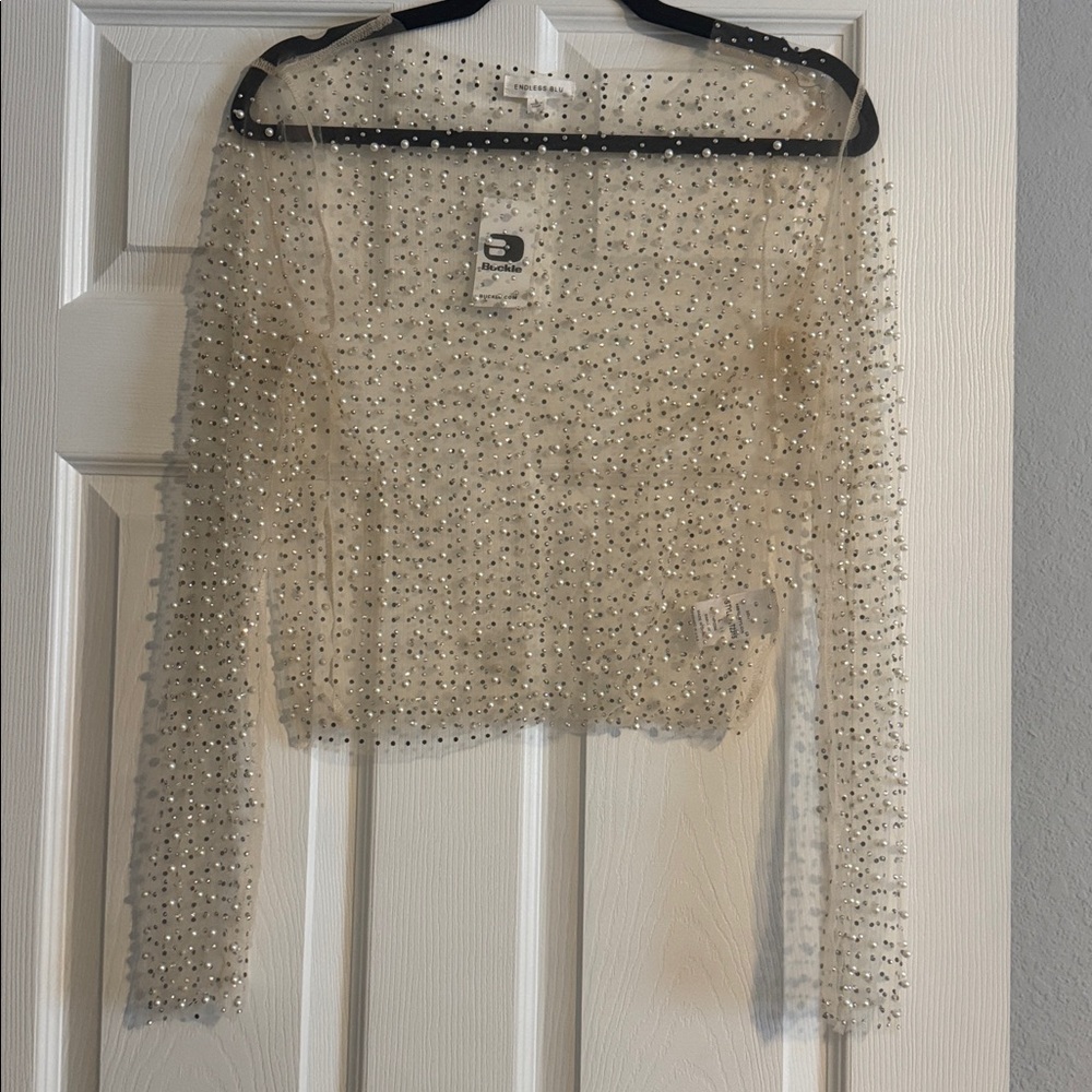 Endless Blu Buckle Nude Colored Sheer Beaded Long Sleeve Top